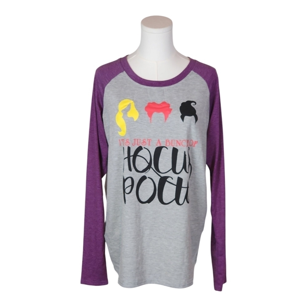 Hocus Pocus Sanderson Sisters Gray Graphic Tee Purple Sleeve Halloween Shirt M